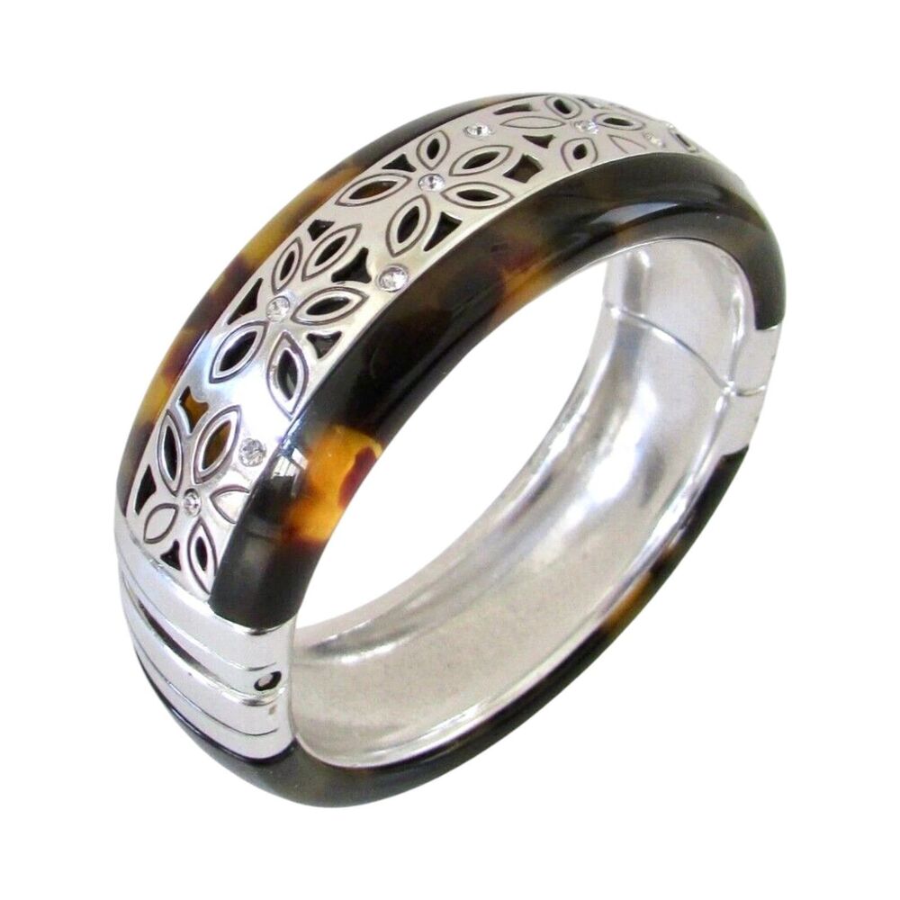 Brighton Tortoise Shell Floral Crystal Silver Tone Hinged Bangle Bracelet